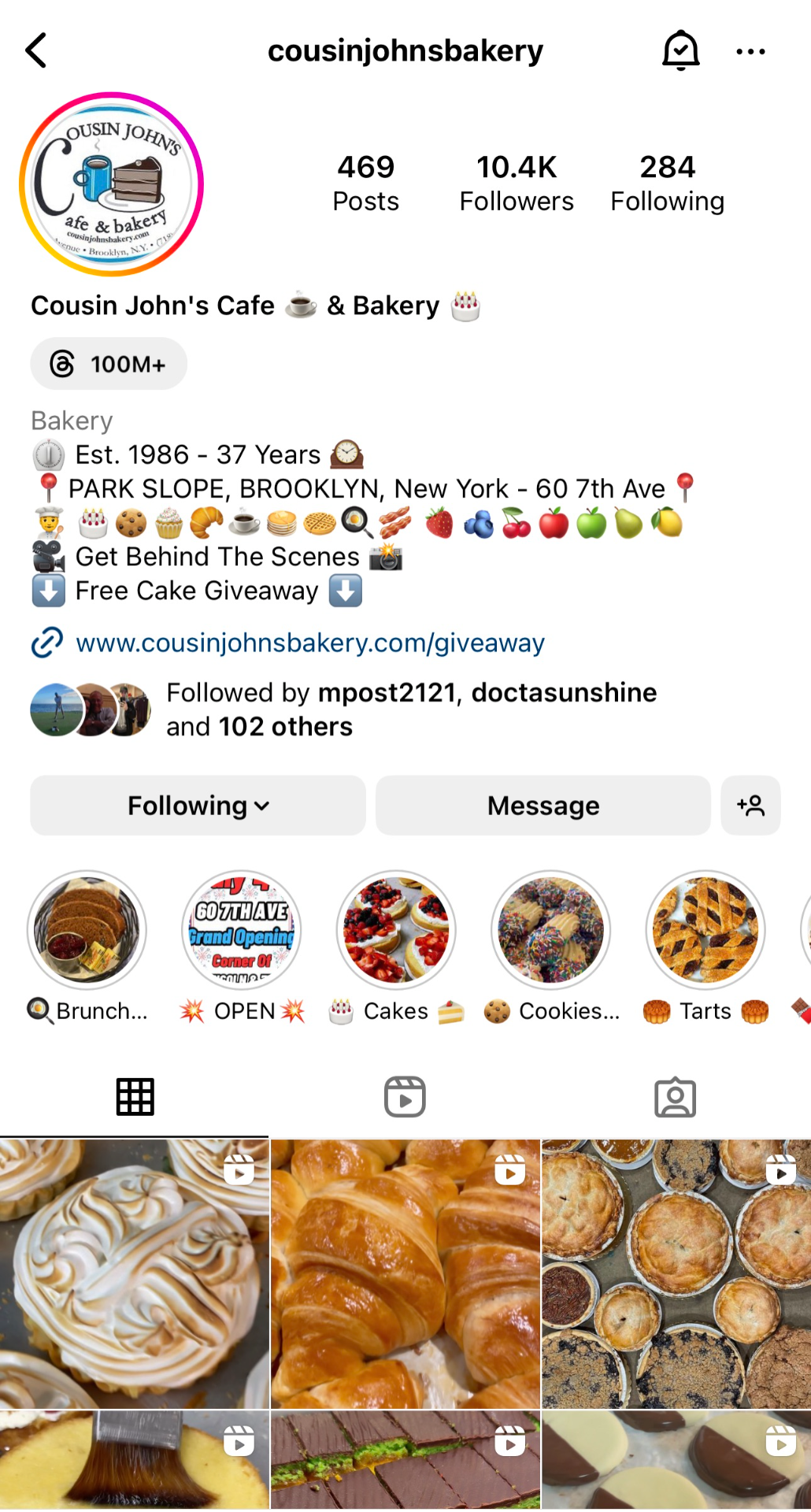 Instagram profile screenshot for Cousin John's Cafe & Bakery showing post count, follower count, and local bakery branding