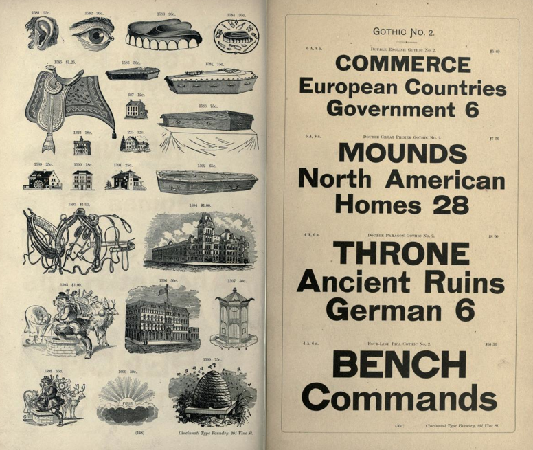 Historic type specimen page showing multiple type styles and letterforms